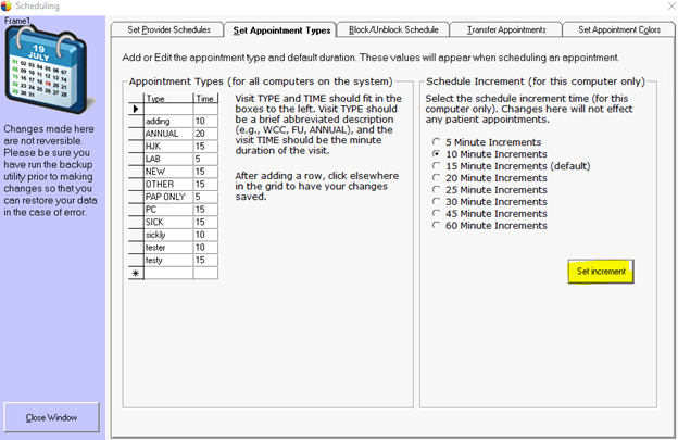 Change time Increments for the Schedule